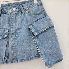 LIZAKOSHT - Casual Washed Cotton Denim Mini Skirts for Women High Street Big Pocket Slim Fit Short Skirt Summer Beach Casual Faldas