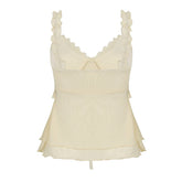 LIZAKOSHT - Women Boho Chic Ruffled Lace V-neck Tank Top Bow Tied Sleeveless Light Yellow Sexy Crop Tops Summer Holiday Camisole