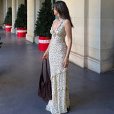 LIZAKOSHT  -  Floral Print Sexy V Neck Ruffles Elegant Bodycon Maxi Dresses Spring Fashion Holiday Streetwear Party Women Vestidos