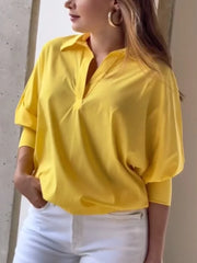 LIZAKOSHT - Women Elegant Solid Color Cotton Blouse Summer Casual V Neck Loose Shirt Trendy Lapel Office Lady Shirts Tops 2025 New