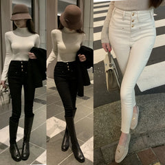 LIZAKOSHT - New White Skinny Jeans Woman High Waist Casual Stretch Jeans Vintage Sexy Femme Ankle Length Pencil Pants Denim Jeans