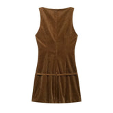LIZAKOSHT - Fashion Brown Corduroy Mini Dress for Women Autumn Tank Sleeveless Belt Slim Short Dresses Ladies Streetwear