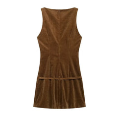 LIZAKOSHT - Fashion Brown Corduroy Mini Dress for Women Autumn Tank Sleeveless Belt Slim Short Dresses Ladies Streetwear