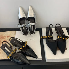 LIZAKOSHT  -  Sexy Rivet Slippers Women Low Heel Slingback Sandals Female Summer Pointed Toe Slide Chunky Designer Mules Pumps Sandalias Women