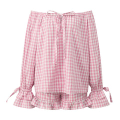 LIZAKOSHT - Vintage Plaid Pajama Set Elegant Lady Off Shoulder Tops + Ruffle Shorts Women 2 Piece Lounge Outfit Loose Sleepwear