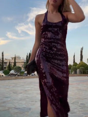 LIZAKOSHT  -  Halter Sequin Dress Party Dresses Sexy Backless Slim Fit Fashion Elegant Hanging Neck Women Beach Dress Socialite Evening Robes