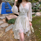 LIZAKOSHT - Print Floral Women Dresses Lantern Sleeve V Neck Ruffles Vestidos Mujer Korean Fashion Sweet Elegant Mini Dress
