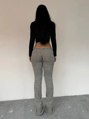 LIZAKOSHT - Knitted Sexy Low Waist Drawstring Women Pant Patchwork See Through Long Trousers Autumn Winter Slim Casual Streetwear