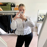 LIZAKOSHT - Casual Wave-edged Strap Blouse For Women V-neck Hollow Out Lace Up Ruffled Shirts Female Spring Summer New Chic Lady Tops