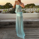 LIZAKOSHT - Elegant Off Shoulder Suspenders Dress Women's Sexy Sleeveless Mesh Patchwork Solid Gowns Fashion Hight Waist Vacation Long Dress