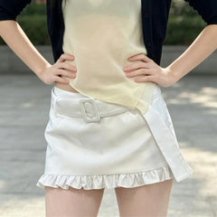 LIZAKOSHT - Sexy With Sashes Zipper Waist Satin Skirt With short lining Women Ruffles Hem A-line Package Hips Short Skater Bottom Black Pink