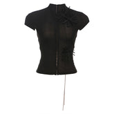 LIZAKOSHT - Vintage Sexy Single Breasted 3D Flower See-through Half High Collar Short-sleeved T Shirt Party Street Casual Slim Fit Tops