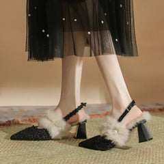 LIZAKOSHT - Fashion Winter Furry Warm Sandals Women 2025 Sexy Pointed Toe Chunky Heel Women Pumps Luxury Brand Design Elegant High Heels
