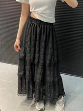 LIZAKOSHT - Spring Summer Wrinkled White Black Pleated Skirt Women Korean Vintage High Waisted Splice Lace Skirts Long falda plisada
