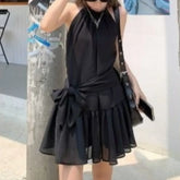 LIZAKOSHT - Ruffles Women Dresses Solid Halter Spring Summer Elegant Vestidos Mujer Korean Fashion Bandage Retro Mini Dress