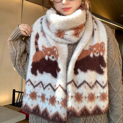 LIZAKOSHT - 170cm Cute Red Panda Knit Imitate Mink Wool Scarf Soft Comfort Women Winter Neckerchief Girls Students Warm Scarves