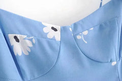 LIZAKOSHT - Sexy Women Corset Style Hem Slit Midi Robe Vestido Retro French Women Blue Daisy Flower Print Bow Lacing Up Sling Dress Retro