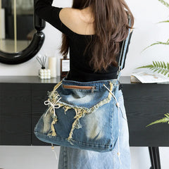 LIZAKOSHT - High-capacity Women Casual Crossbody Handbags Streetwear Denim Tassel Shoulder Bag Grunge Y2k Aesthetic Vintage Messenger Bags