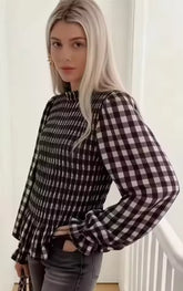 LIZAKOSHT - Elastic Ruffles Plaid Shirts Women Causal O-neck Long Sleeve Slim Blouses Tops 2026 Spring New In Female Chic Cute Shirts Cloth