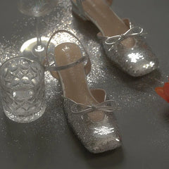 LIZAKOSHT - Ladies Shoes Square Heels Summer Crystal Footwear Closed Sandals for Women Bow Silver Free Shipping and Low Price Designer