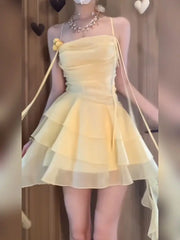 LIZAKOSHT - Japan Woman's Sexy Dress Yellow Square Collar Sleeveless Backless Summer Dresses Woman Trendy New