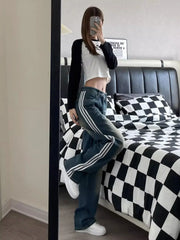 LIZAKOSHT - Jeans Side Stripe High Waist Streetwear Retro Washed 2024 Summer New American Women Leisure Loose Leg Straight Leg Pants