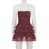LIZAKOSHT - Sexy Strapless Lace Tiered Dress For Women Elegant Party Club Mini Dress Y2k Aesthetic Sleeveless Dress Summer Clothes