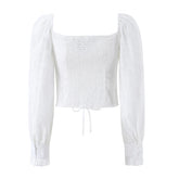 LIZAKOSHT - Sweet Embroidery White Cross Lacing up Bow Front Long Puff Sleeve Shirt Women Slash Collar Elastic Back Slim Crop Top blouses