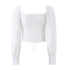 LIZAKOSHT - Sweet Embroidery White Cross Lacing up Bow Front Long Puff Sleeve Shirt Women Slash Collar Elastic Back Slim Crop Top blouses