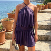 LIZAKOSHT - Women Y2k Halter Mini Dress Coquette Drop Waist Backless Bubble Dress Elegant Lady Cocktail Party A Line Mini Dress