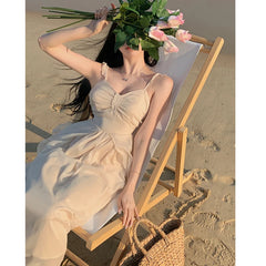 LIZAKOSHT - Summer Sexy Spaghetti Strap Elegant Party Dress for Women Sleeveless Ruffles Solid Forest Fairy Beach Travel Chic Boho Dress