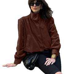 LIZAKOSHT - Elegant Fashion Brown Stand Collar Jackets Street Chic Single-Breasted Coat for Woman Gray Outerwear 2025 Autumn Long Sleeve Top