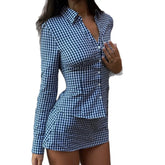 LIZAKOSHT - Summer New Style Shirt Collar Long Sleeve Single Button Short Skirt Set Women's Business Casual Polyester Fiber Dress
