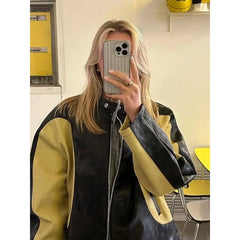 LIZAKOSHT - Vintage Patchwork Women's Leather Jacket Loose O-neck Long Sleeve Zipper Moto Biker Coats Autumn Lady Contrast Outwear Y2K