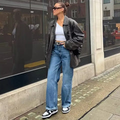 LIZAKOSHT - Amercian Retro White High Waist Straight Wide Leg Jeans Women Loose Denim Pants Floor Length Trousers blue black 4 colors