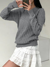 LIZAKOSHT - Vintage Gray Fried Dough Twists Round Neck Sweater Women's Basic Versatile Grey Long Sleeve Knitted Top