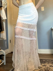 LIZAKOSHT - Bohemian Vacation Style Lace Patchwork Skirt for Women's Perspective Sexy Wrap Buttocks Fishtail Long Skirt