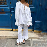 LIZAKOSHT - Autumn Casual Off Shoulder Top Pants Sets Women Pleated Lace Up Flare Sleeve Shirt Wide Leg Pant Lady Loose 2 Piece Suit