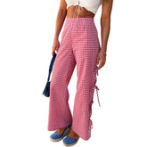 LIZAKOSHT - Women Wide-Leg Pants Plaid Side Tie-Up Hollow-Out Loose Trousers Spring Summer Casual Sweatpants Bottoms Leisure Daily
