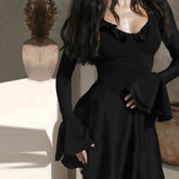 LIZAKOSHT - Spring Autumn Deep V Neck Flare Sleeve A-line Mini Dress New Fashion Slimming Chic Birthday Party Lady Night Out Vestidos