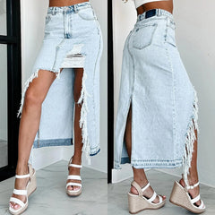 LIZAKOSHT - High Waist Ripped Raw Hem Denim Skirt, Split Bodycon Midi Skirts Spring Summer
