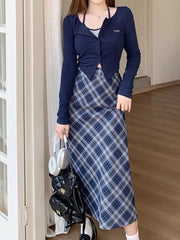 LIZAKOSHT - New in 2 Piece Set Spring Summer Fashion Skirt Sets Solid Color Tops Elegant Korean Version Checkered Commuter Women's Clothing