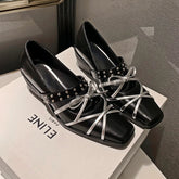 LIZAKOSHT - Rivet Platform Mary Jane Shoes Square Toe Pumps Women Winter 2024 New Cross Strap Bow Fashion Chunky Luxury Designer Shoes Women