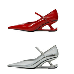 LIZAKOSHT - Red Heel Women's Mary Jane Shoes New Pointed Toe Style Buckle Leather Shoes Black Fashion Party Casual Shoes