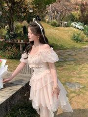 LIZAKOSHT - Women Sweet Pink Party Dress Female Puff Sleeve Ruffle Patchwork Princess Dress Lady Mesh Holiday Beach Cake Dress