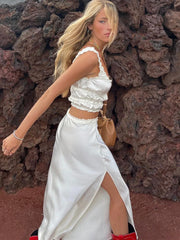 LIZAKOSHT  -  Elegant Solid Satin Women Skirt Set Fashion Square Neck Sleeveless Pleated Short Tanks Suit Female Silm Split Long Skirt Outfits