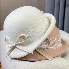 LIZAKOSHT New Autumn Winter Wool Berets Hat Women Retro Fashion Show Small Octagonal Hat Mariage Versatile Painter Hat Bow Fedoras
