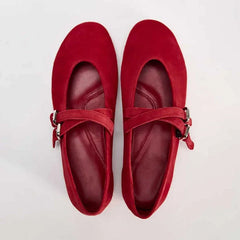 LIZAKOSHT - Red Velvet Upper Round Head Flat Shoes Women Metal Buckle Shallow Mouth Sandals New Leisure Countryside Fashion for Woman