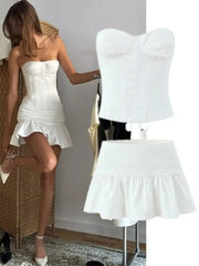 LIZAKOSHT - Spicy Girl Retro Design Two-Piece Set with Ba Strap Slimming Fibone Waist Tie Tube Top Tank Top with Lace Hem Skirt