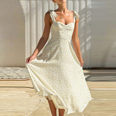 LIZAKOSHT  -  Fashion Floral Print High Waist Long Dress Casual Women Off Shoulder Pleated Beach Dress Sexy Sleeveless Holiday Suspender Dress